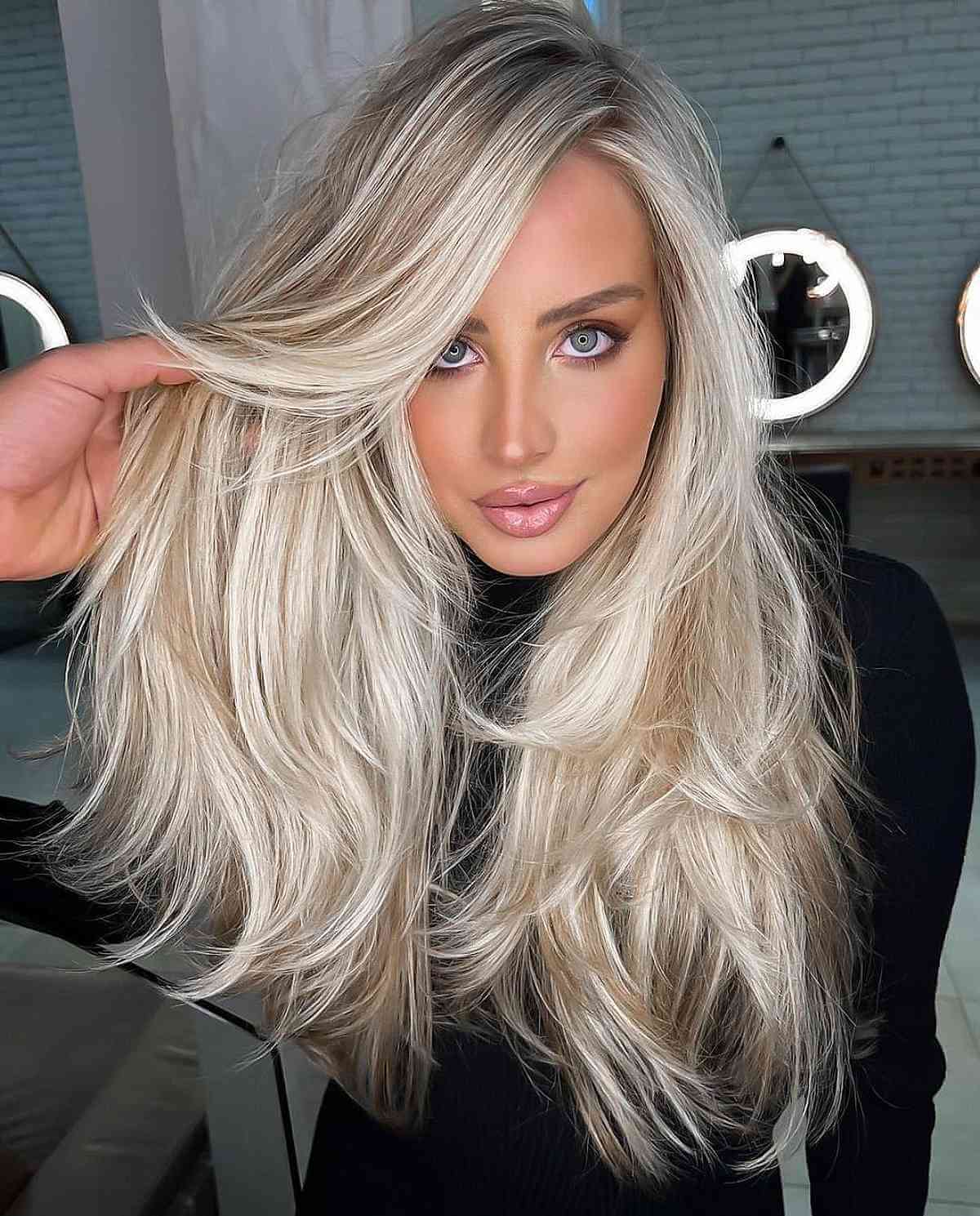 Long Platinum With Root Shadow — Choppy Layers