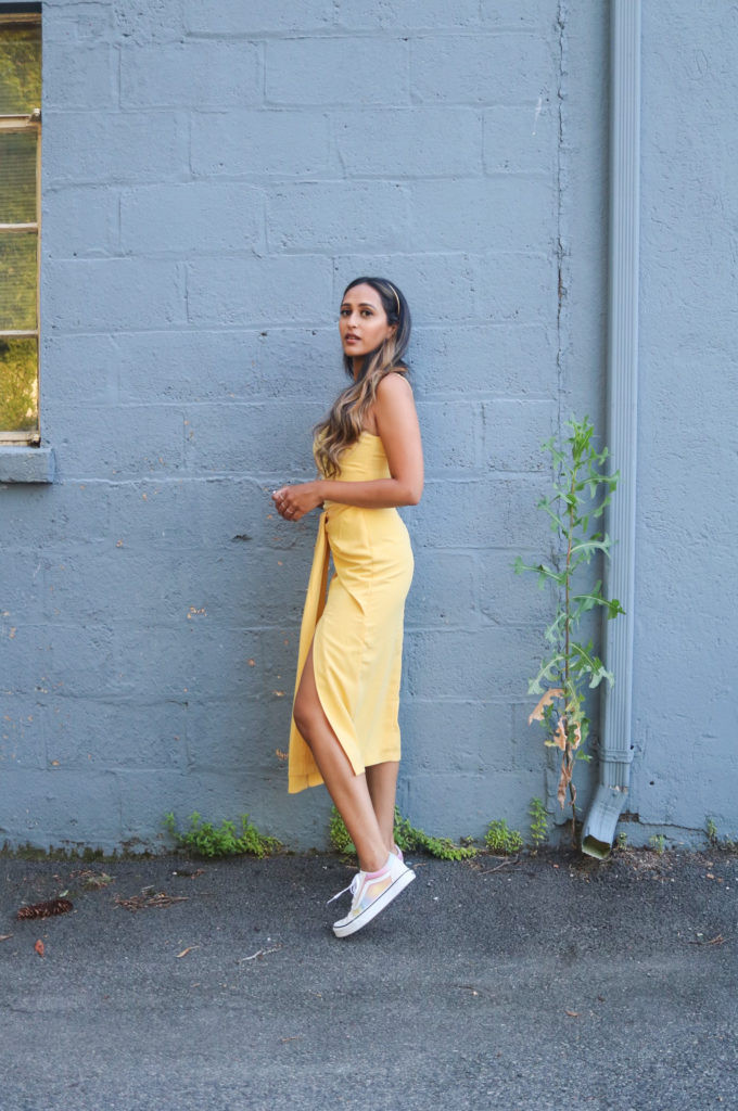 Pale Yellow Strapless Midi Dress with Side Slit and Sneakers — Sneakers with Dress Outfits