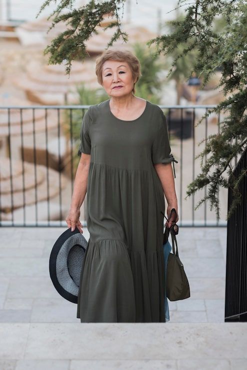 Olive Green Crepe Midi Dress with Tiered Skirt Olive Green Crepe Midi Dress with Tiered Skirt — Dresses for Women Over 60