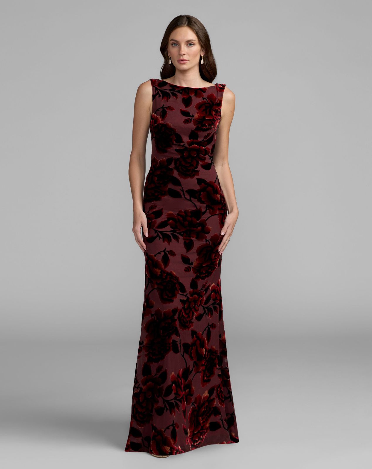 Burgundy Floral Velvet Gown with Boat Neckline — Rehearsal Dinner Dresses