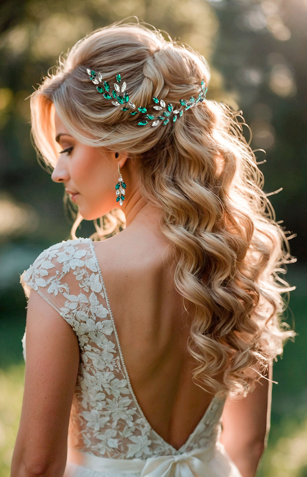 Voluminous Blonde Waves With Emerald Tiara — Bridal Hair Accessories