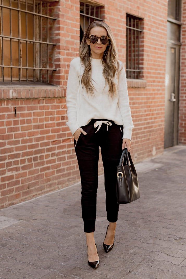 Classic Black Joggers with Cream Sweater and Pumps Classic Black Joggers with Cream Sweater and Pumps — Jogger Outfits