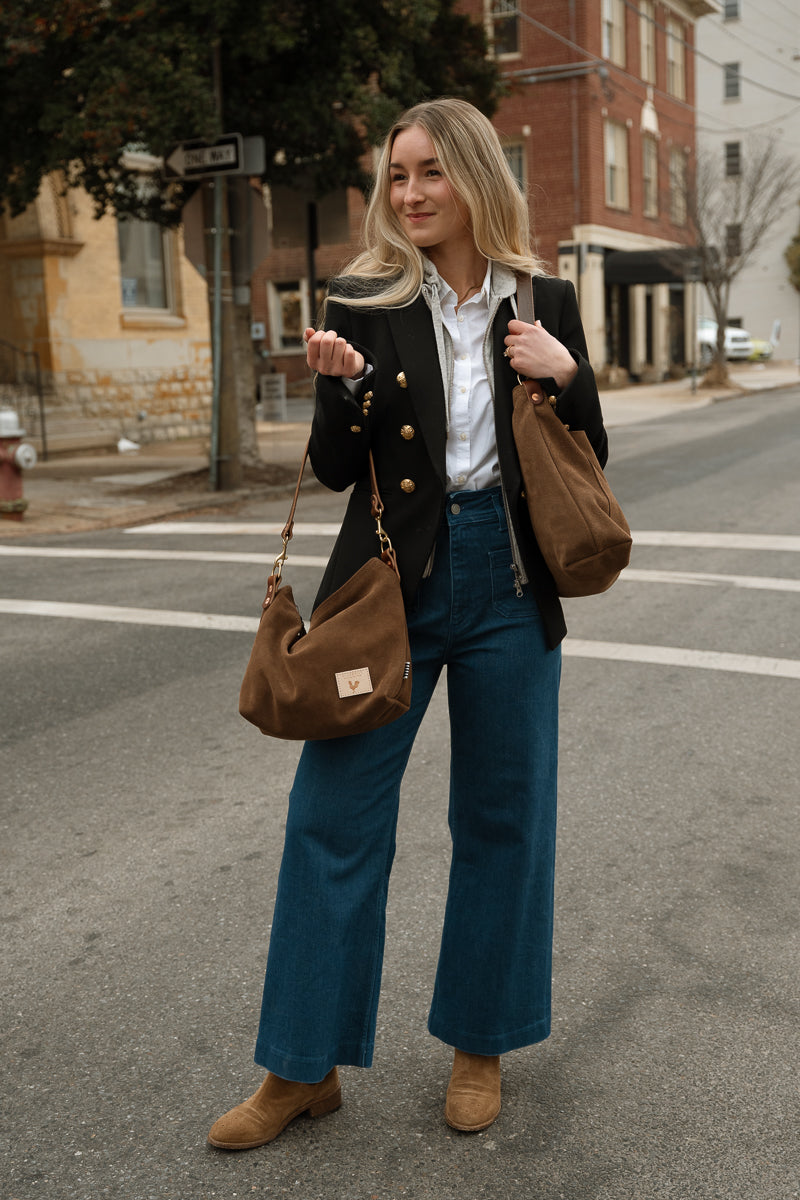 Navy Blazer and Jeans with Two Brown Suede Hobo Bags Navy Blazer and Jeans with Two Brown Suede Hobo Bags — Shoulder Bags