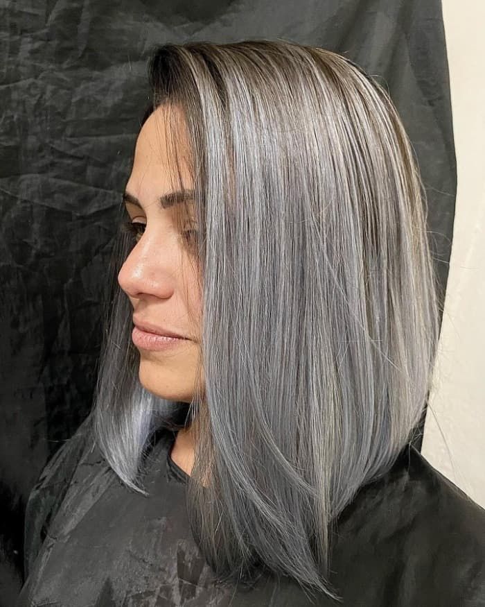 Striking Grey Angled Bob With Dark Roots — Haircuts for Chubby Faces