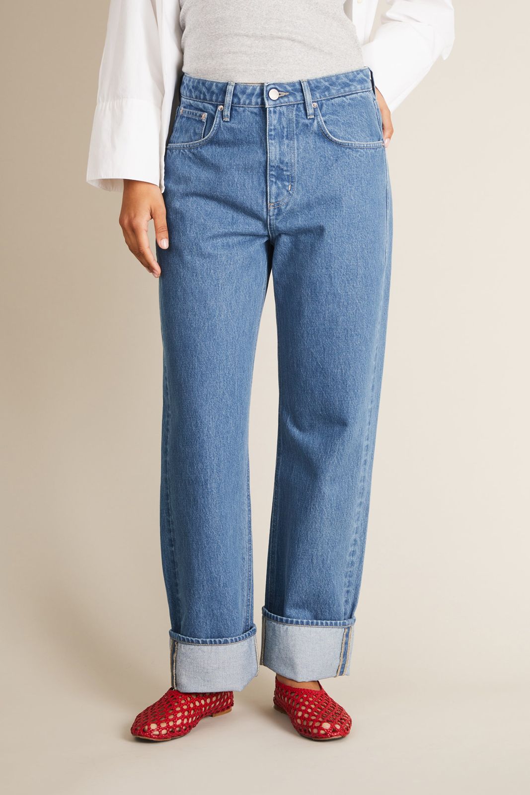 Wide Cuff Jeans with Oversized Shirt and Woven Slides Wide Cuff Jeans with Oversized Shirt and Woven Slides — Boyfriend Jeans