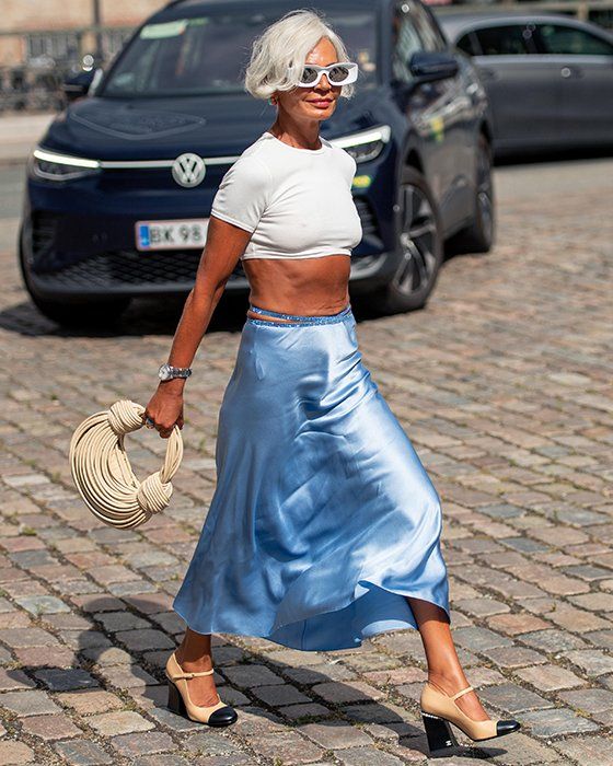 Light Blue Satin Midi Skirt with White Cropped Tee and Mary Janes Light Blue Satin Midi Skirt with White Cropped Tee and Mary Janes — Satin Skirt Outfits