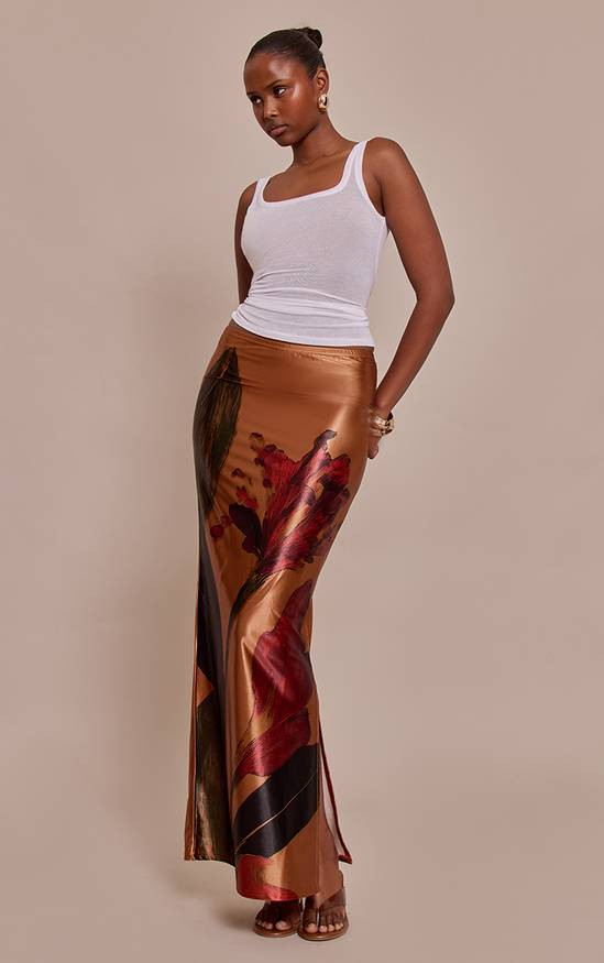Bronze Floral Print Satin Maxi Skirt with White Tank Bronze Floral Print Satin Maxi Skirt with White Tank — Satin Skirts