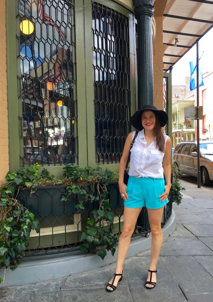 Bright Turquoise Shorts with White Button-Up and Wide-Brim Hat Bright Turquoise Shorts with White Button-Up and Wide-Brim Hat — New Orleans Outfits