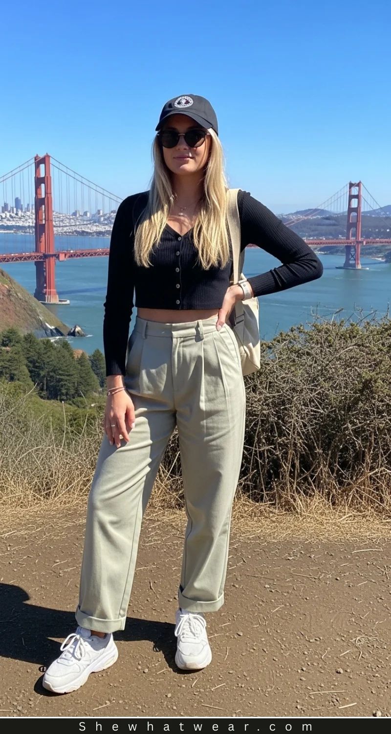 Sightseeing in Style: Sage Green Trousers and a Baseball Cap — San Francisco Outfits