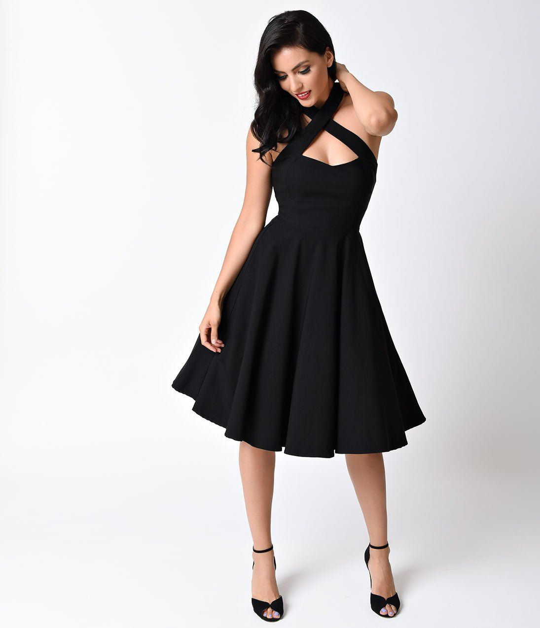 Black Criss-Cross Halter Midi Dress with Flared Skirt — Halter Dresses