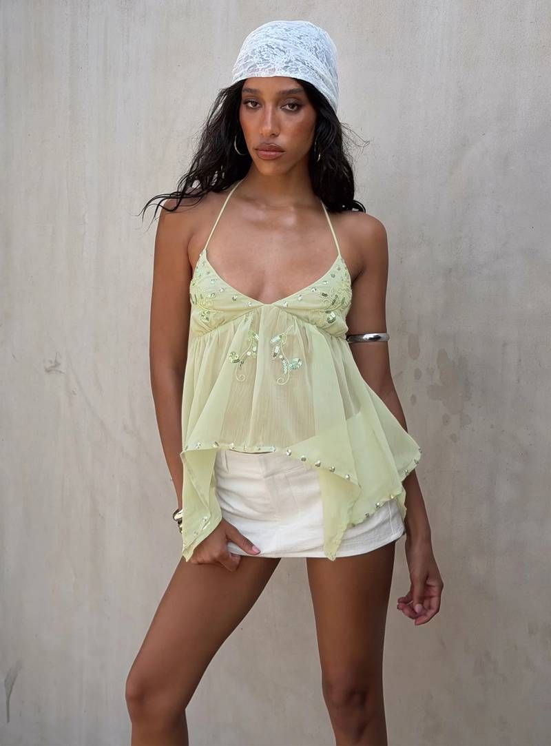 Light Green Sheer Halter Top with Sequins for Summer Parties — Princess Polly Outfits