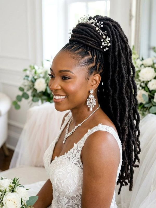 Dramatic High Ponytail With Bridal Accessories Dramatic High Ponytail With Bridal Accessories — Loc Styles for Wedding