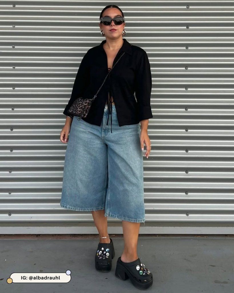 Edgy Street Style: Black Platform Crocs with Denim Culottes — Crocs Outfits