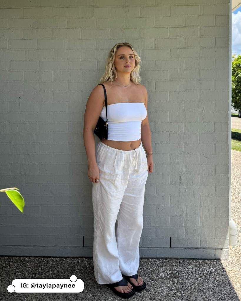 White Cropped Tube Top with Linen Pants and Flip-Flops White Cropped Tube Top with Linen Pants and Flip-Flops — Tube Top Outfits