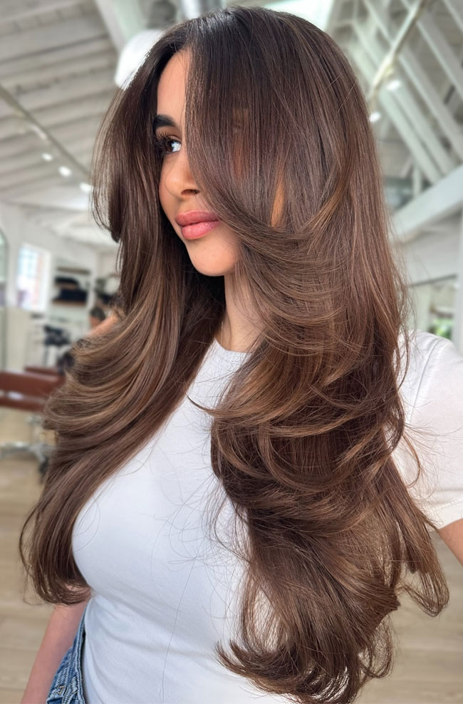 Dark Brown Balayage With Voluminous Curls — Layered Hair