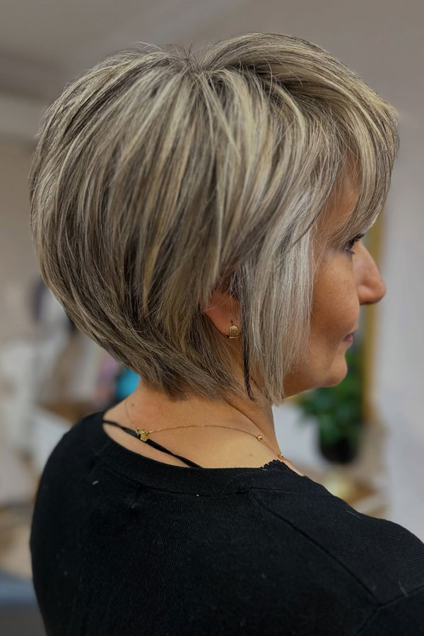 Chin Stacked Bob With Ash Blonde Highlights — Highlights Over 50