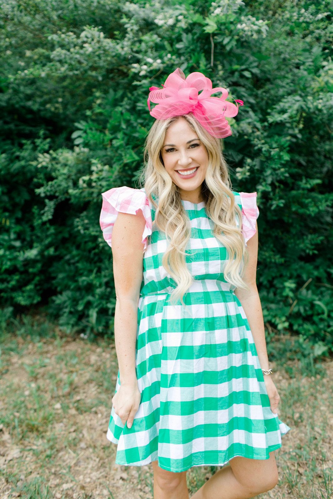 Green Gingham Dress with Pink Ruffled Sleeves and Fascinator — Kentucky Derby Outfits