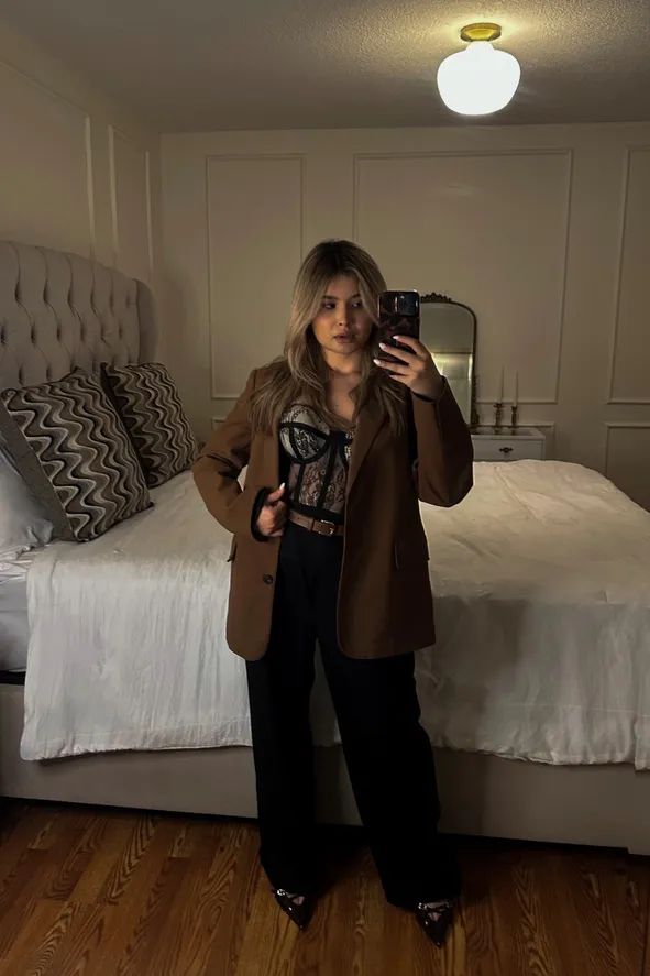 Lace Corset Top with Oversized Blazer and Wide-Leg Trousers — Dark Feminine Outfits