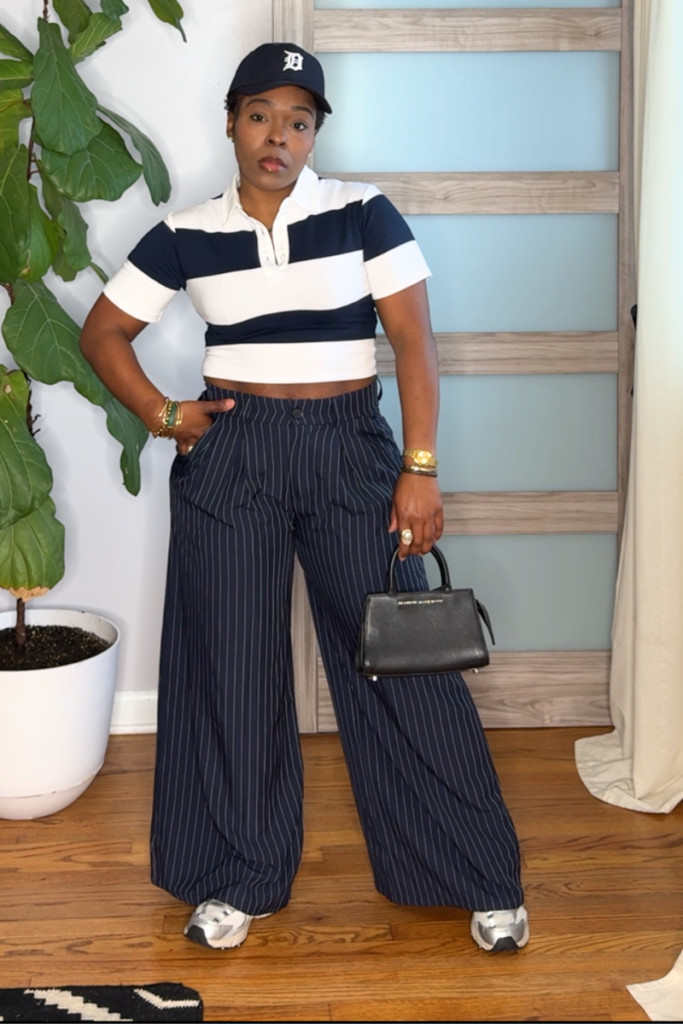 Sporty Chic: Cropped Striped Polo with Wide-Leg Trousers Sporty Chic: Cropped Striped Polo with Wide-Leg Trousers — Polo Shirt Outfits Women