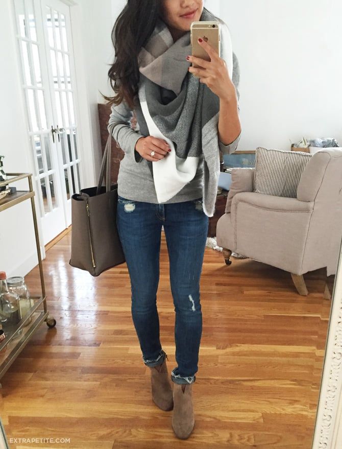 Fall Layers: Skinny Jeans with a Plaid Scarf and Ankle Boots — Outfits for Skinny Girls