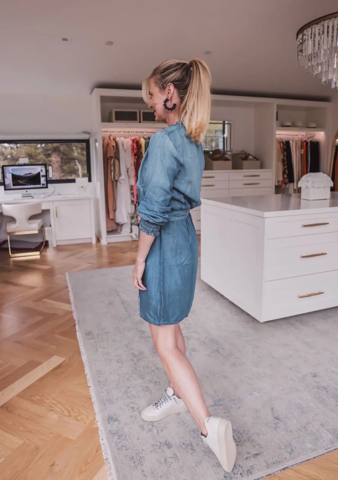 Relaxed Denim Dress with Smocked Cuffs and Sneakers Relaxed Denim Dress with Smocked Cuffs and Sneakers — Denim Dress Outfits