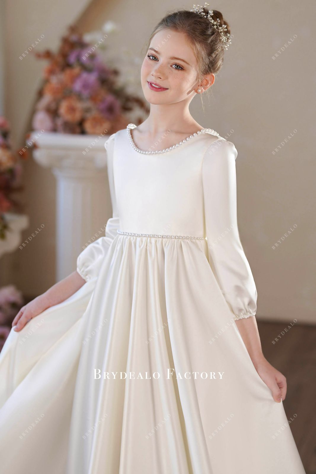 Ivory Long-Sleeved Satin Dress with Pearl Embellishments Ivory Long-Sleeved Satin Dress with Pearl Embellishments — Flower Girl Dresses