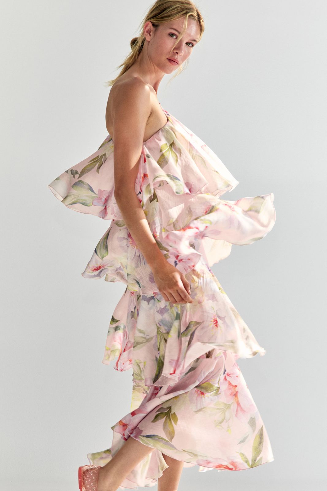 Ladies - Light Pink/Floral Tiered One-Shoulder Linen-Blend Dress - Size: XXL - H&M