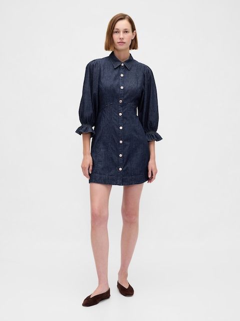 Dark Blue Denim Shirt Dress with Puff Sleeves — Knee Length Dresses
