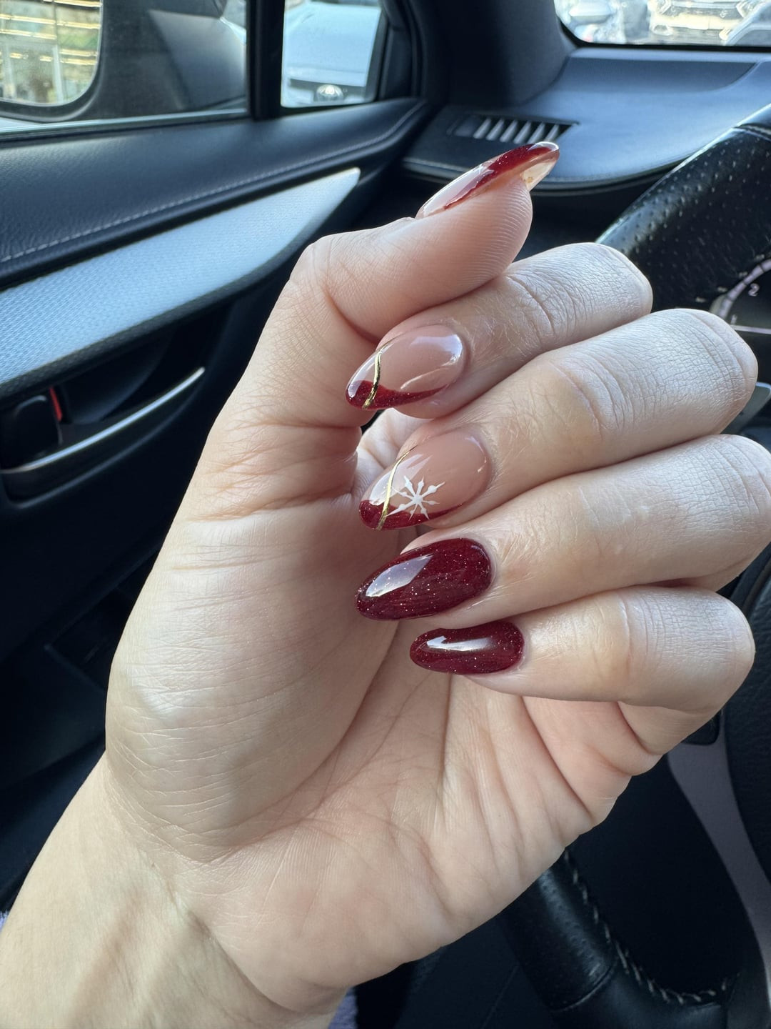Deep Red Glitter and Gold Foil Almond Nails Deep Red Glitter and Gold Foil Almond Nails — Hard Gel Nails