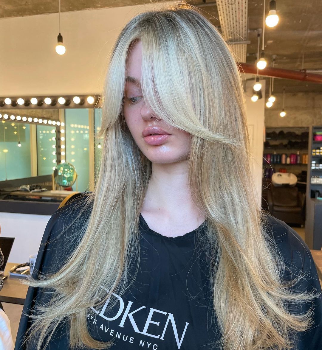 Blonde Hair with Black T-Shirt Blonde Hair with Black T-Shirt — Curtain Bangs