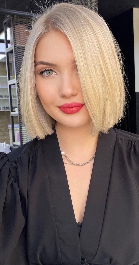 Sleek Platinum Bob With Side Swept Bangs — Blonde Bob