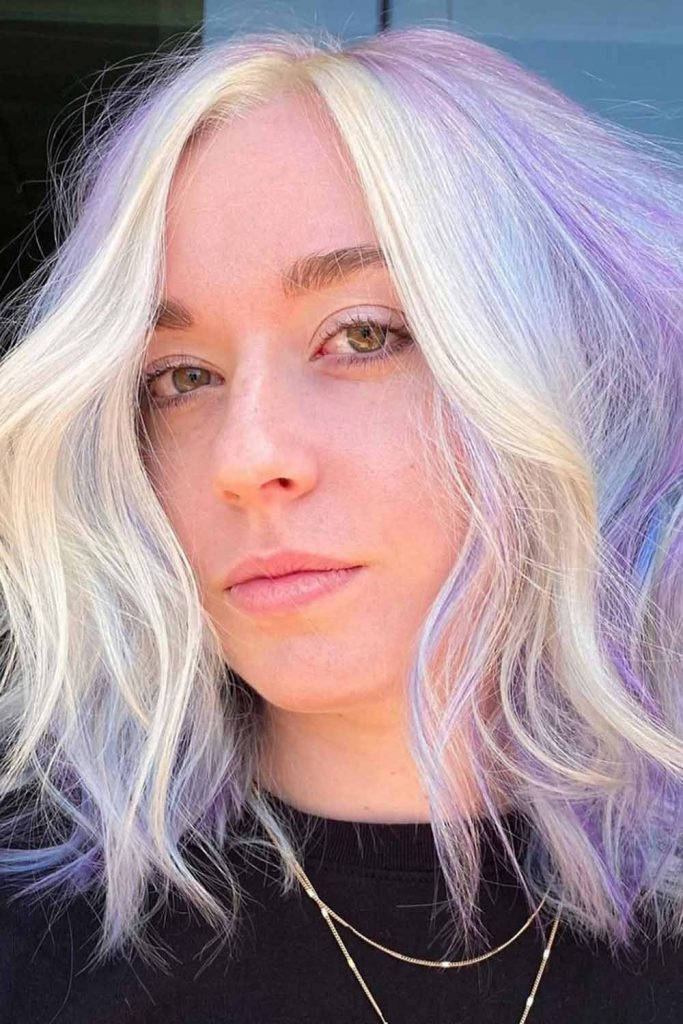Pastel Highlights with Curtain Bangs Pastel Highlights with Curtain Bangs — Pastel Purple Hair