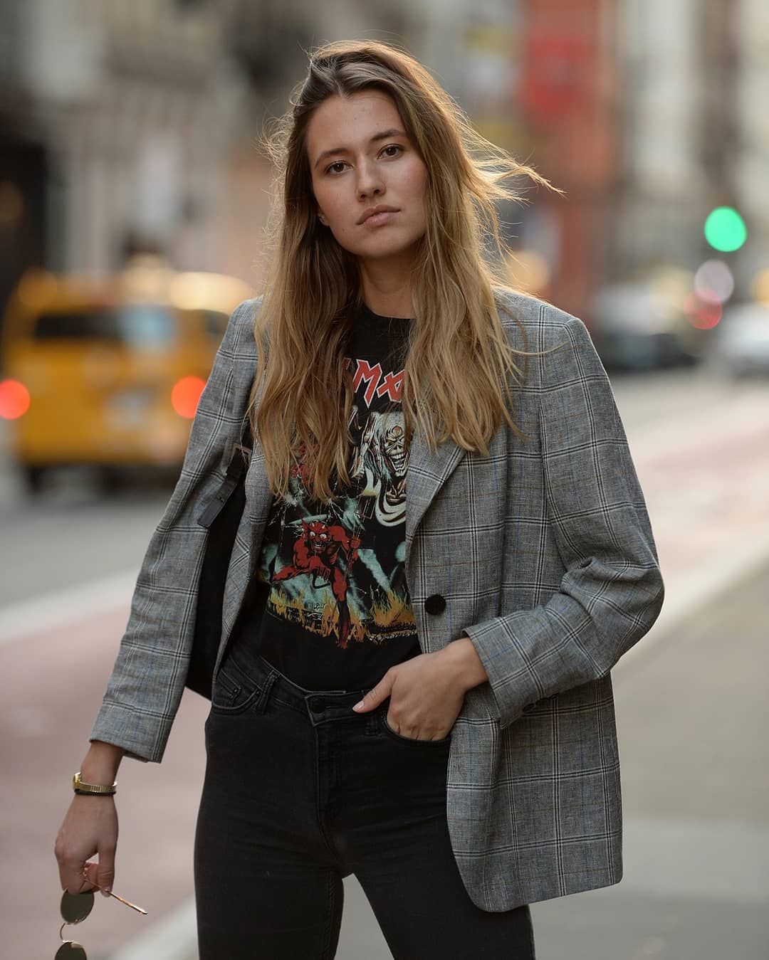 Band Tee Under Plaid Blazer with Jeans — Band Tee Outfits