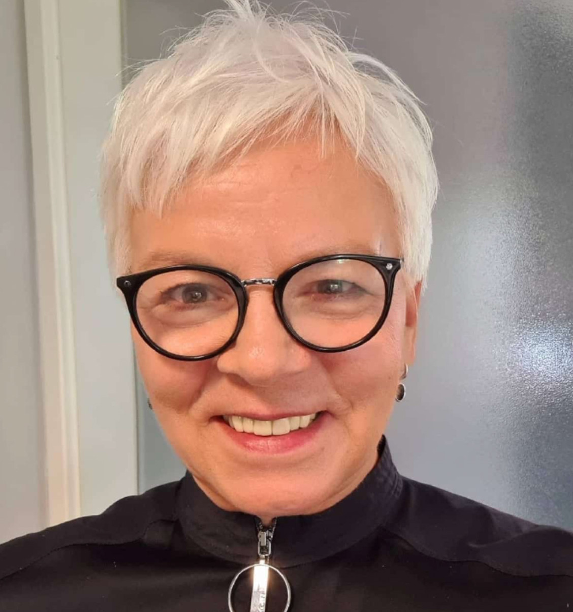 Choppy Platinum Blonde Pixie — Haircuts for Women Over 50 with Glasses