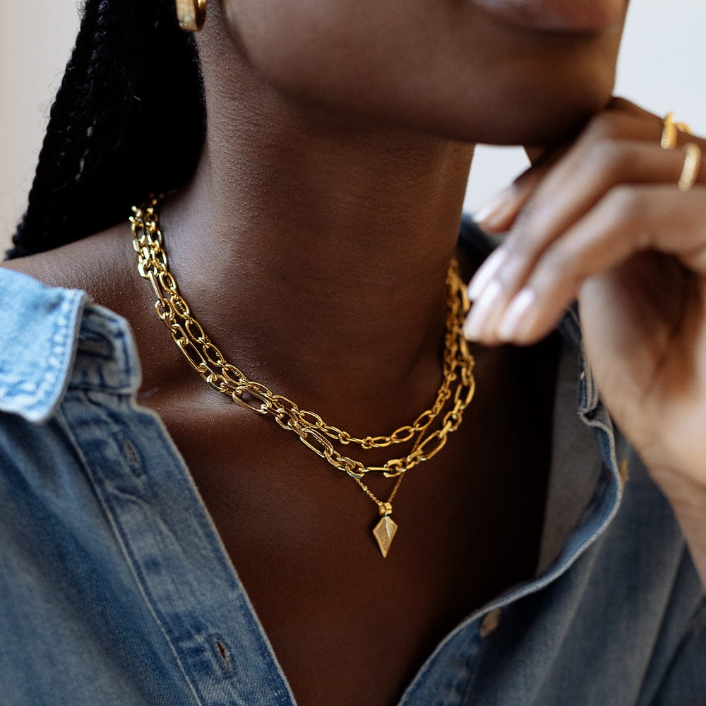 Layered Gold Chains with Pendant on Denim Shirt Layered Gold Chains with Pendant on Denim Shirt — Chunky Jewelry