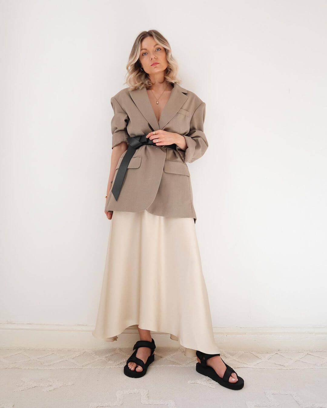 Maxi Slip Skirt Paired with an Oversized Belted Blazer — Slip Skirt Outfits