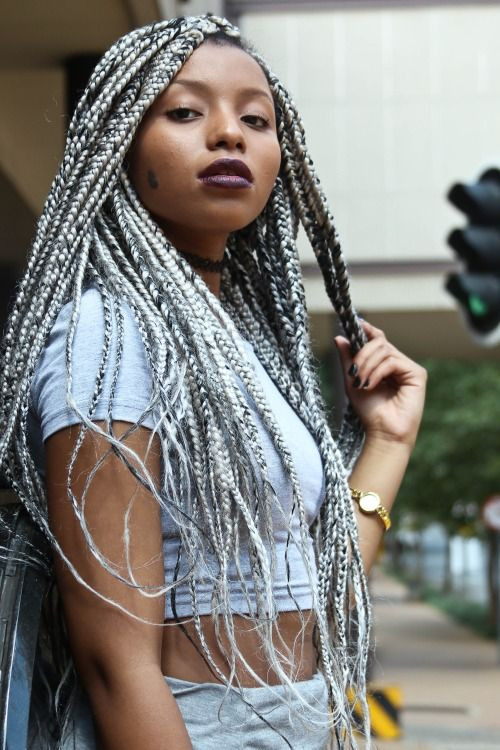 Mid-Back Gray and Black Box Braids With Curly Ends — Gray Braids