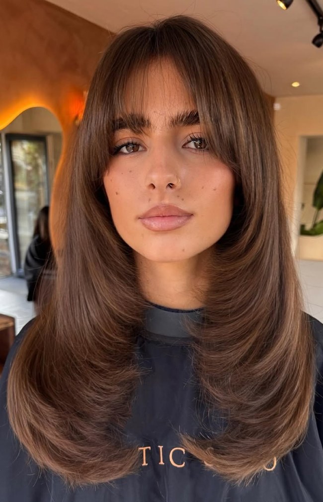 Chocolate Butterfly Layers and Curtain Bangs — Long Layered Hair with Curtain Bangs