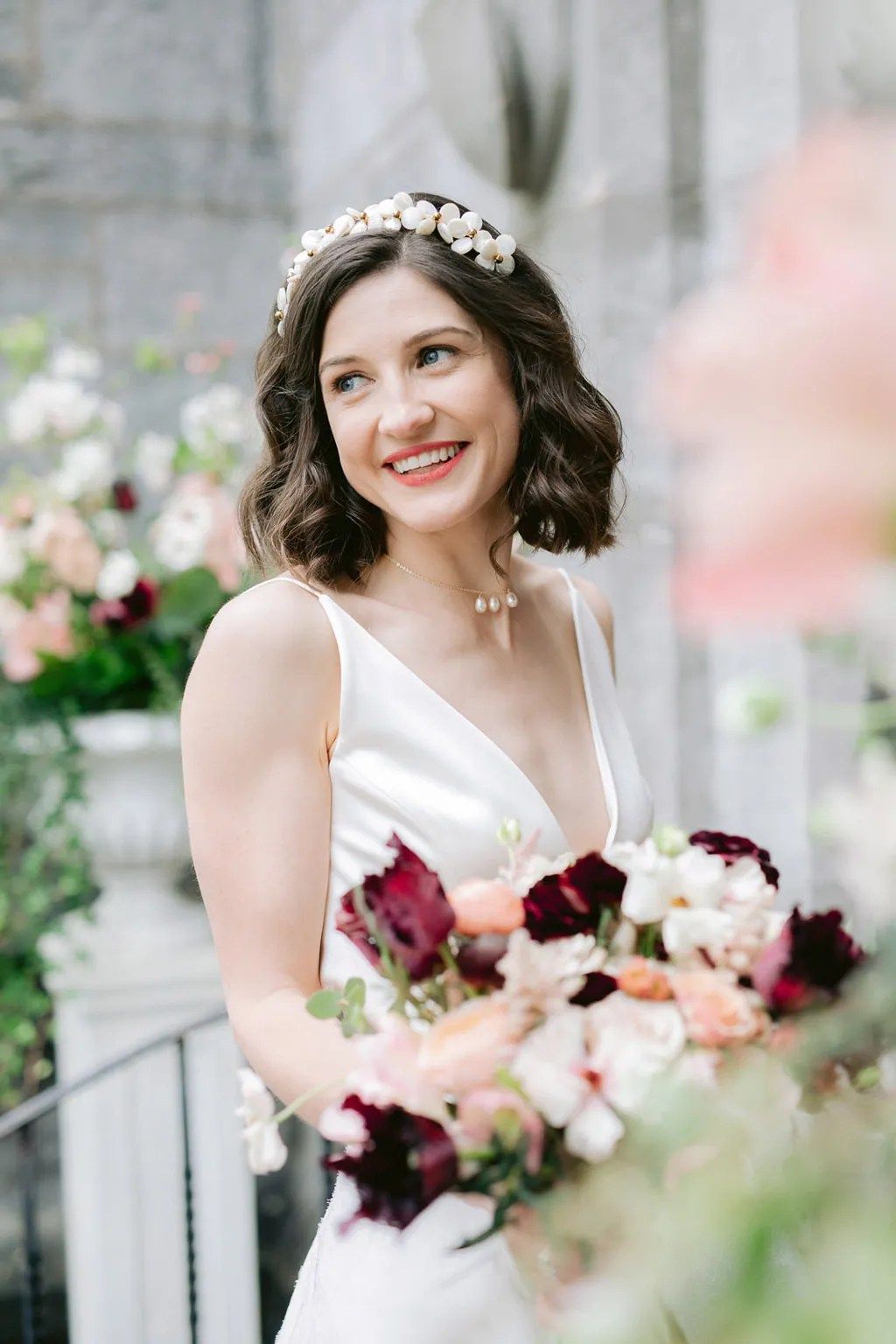 Wavy Dark Brown Bob With Headband — Wedding Hairstyles for Short Hair