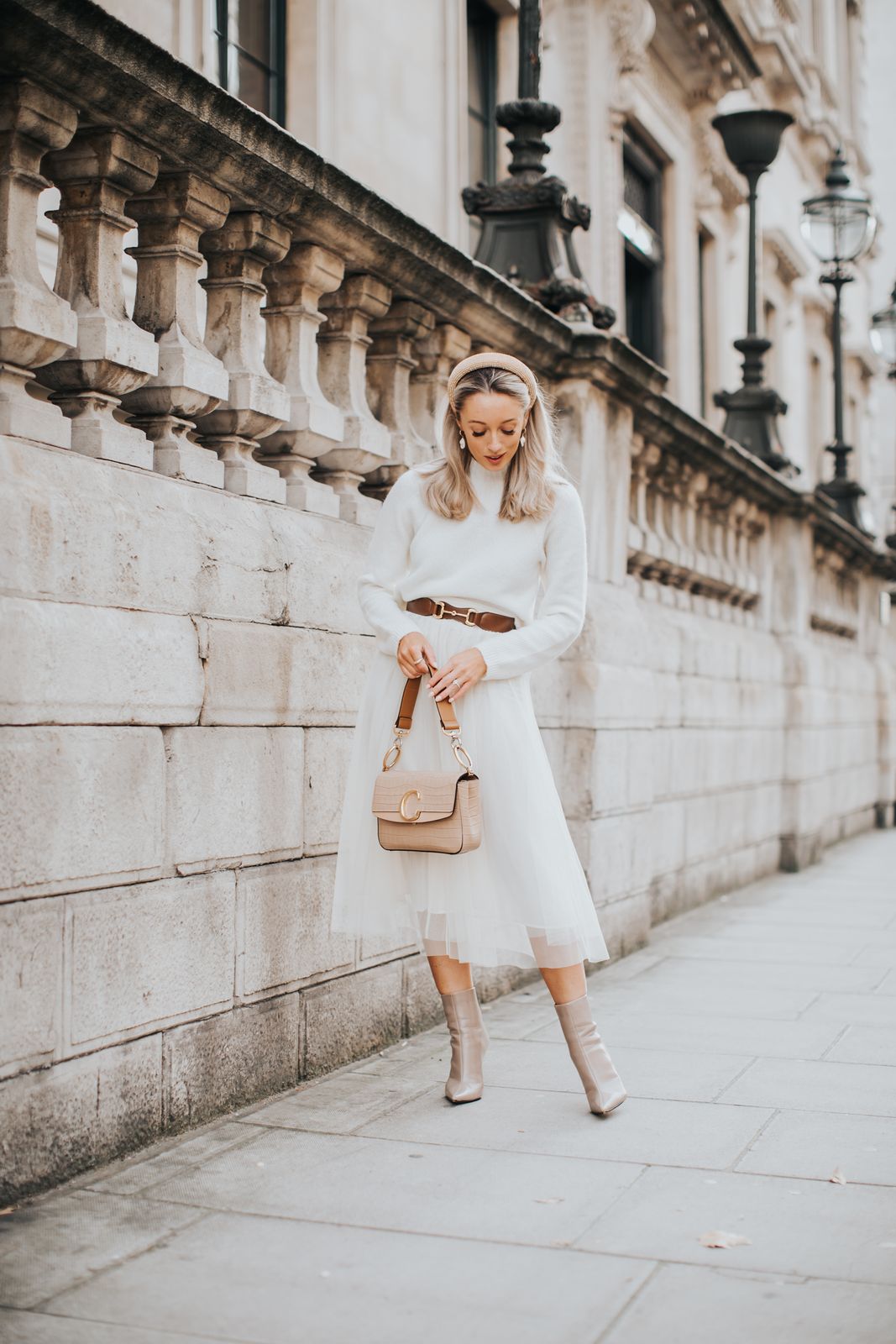 Chic Neutrals: Ivory Tulle Skirt with a Cream Sweater — Tulle Skirt Outfits