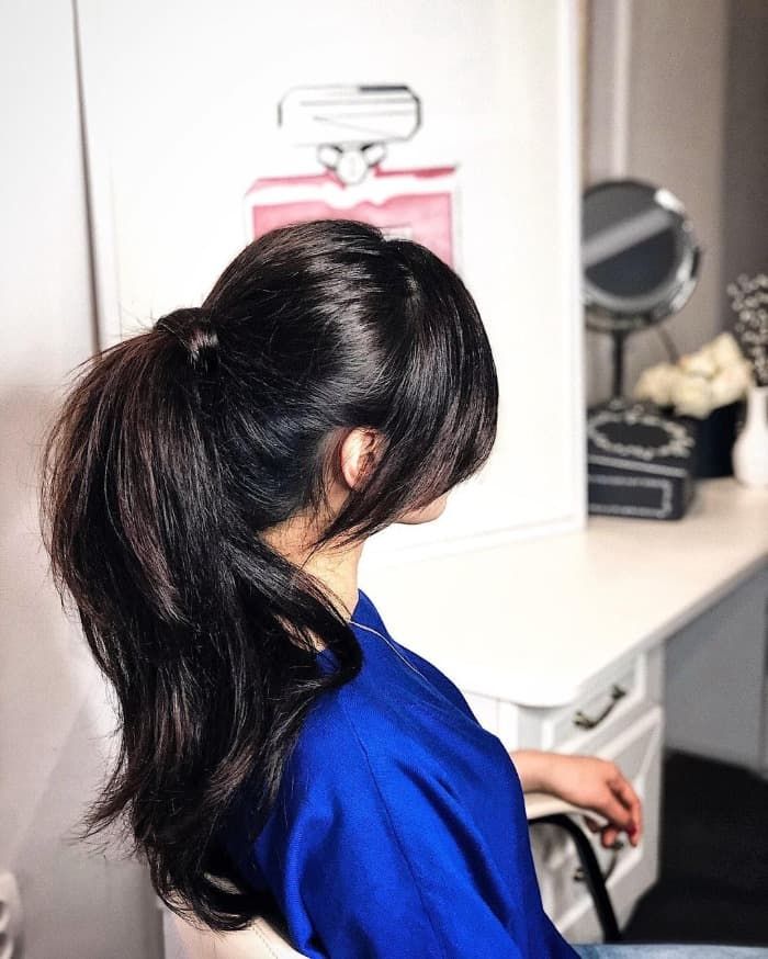 Dark Brown Low Ponytail Dark Brown Low Ponytail — Ponytail with Curtain Bangs