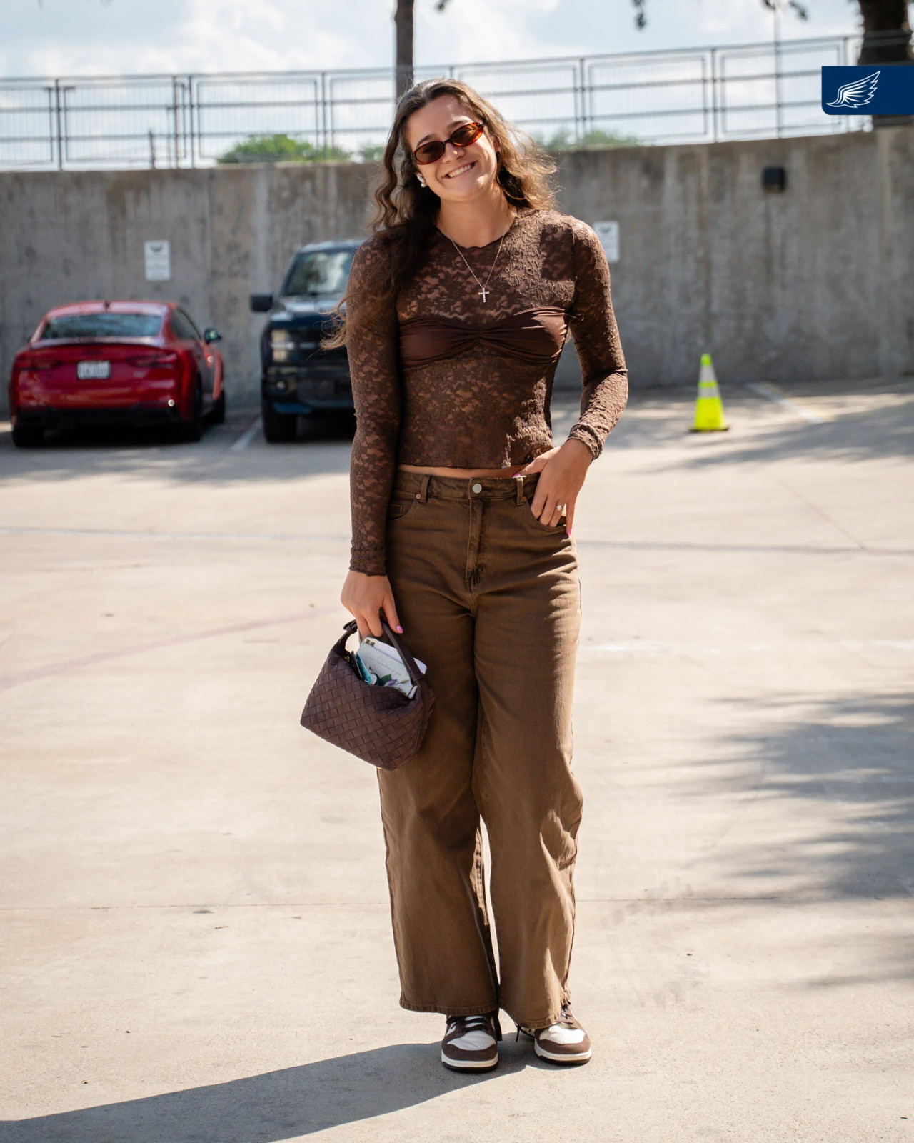 Brown Lace Top with Wide-Leg Jeans — Dallas Outfits