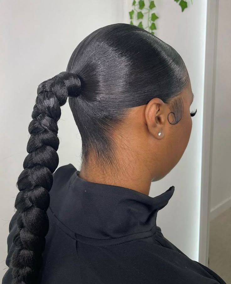 Sleek Black Ponytail with Thick Braid — Easy Hairstyles