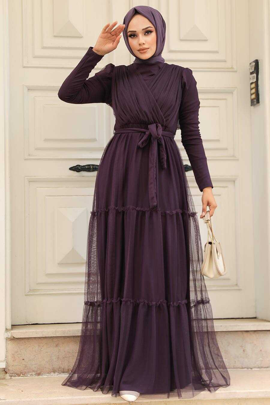 Plum Dress With Tiered Tulle Skirt And White Accessories — Formal Hijab Outfits
