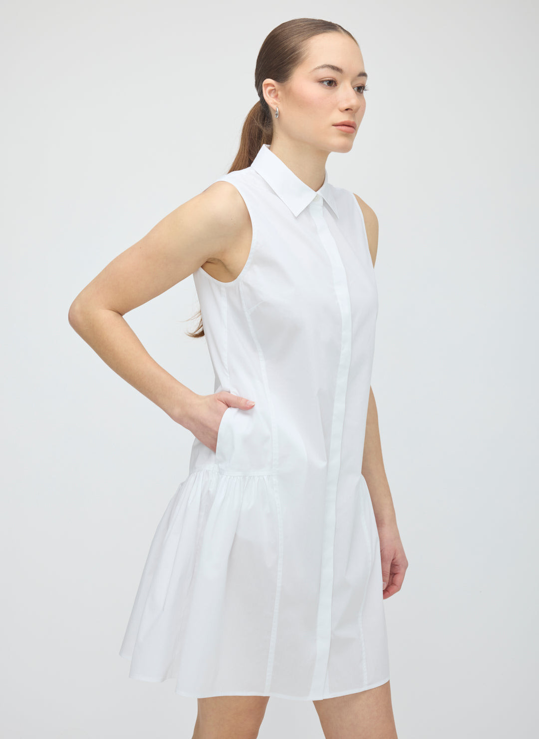 White Cotton Poplin Sleeveless Collared Drop Waist Shirtdress White Cotton Poplin Sleeveless Collared Drop Waist Shirtdress — Drop Waist Dresses