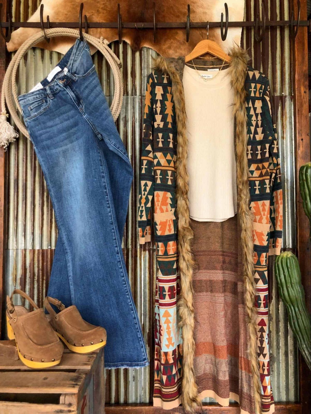 Flared Denim Jeans with Patterned Duster Flared Denim Jeans with Patterned Duster — Savannah Outfits