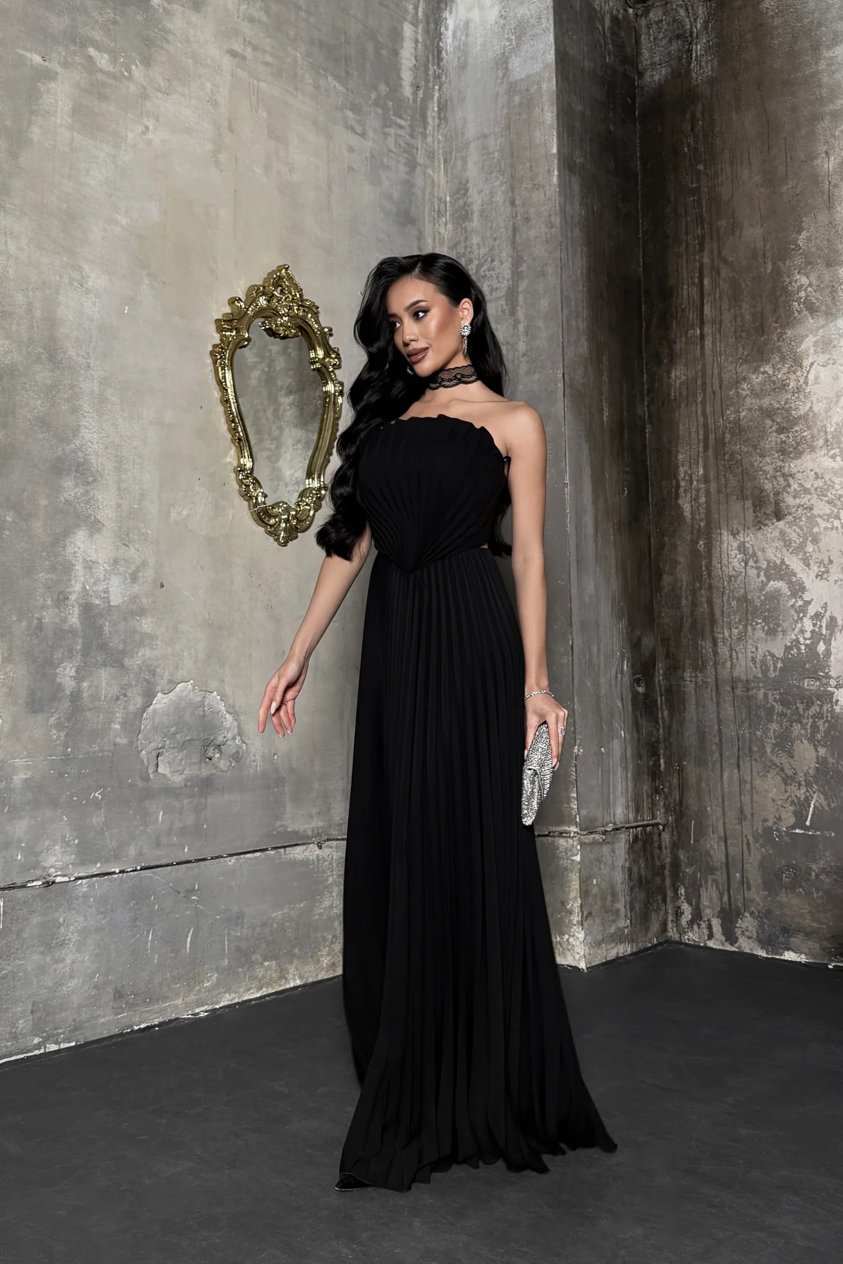 Pleated Black Strapless Gown with Embellished Accessories Pleated Black Strapless Gown with Embellished Accessories — Opera Outfits