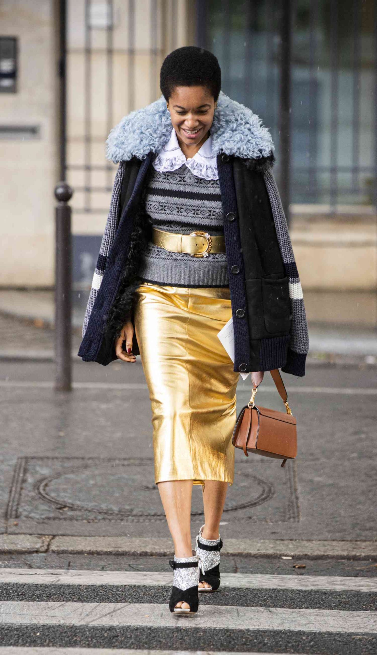Gold Metallic Midi Skirt with Faux Fur Collar Cardigan — Midi Skirt Outfits