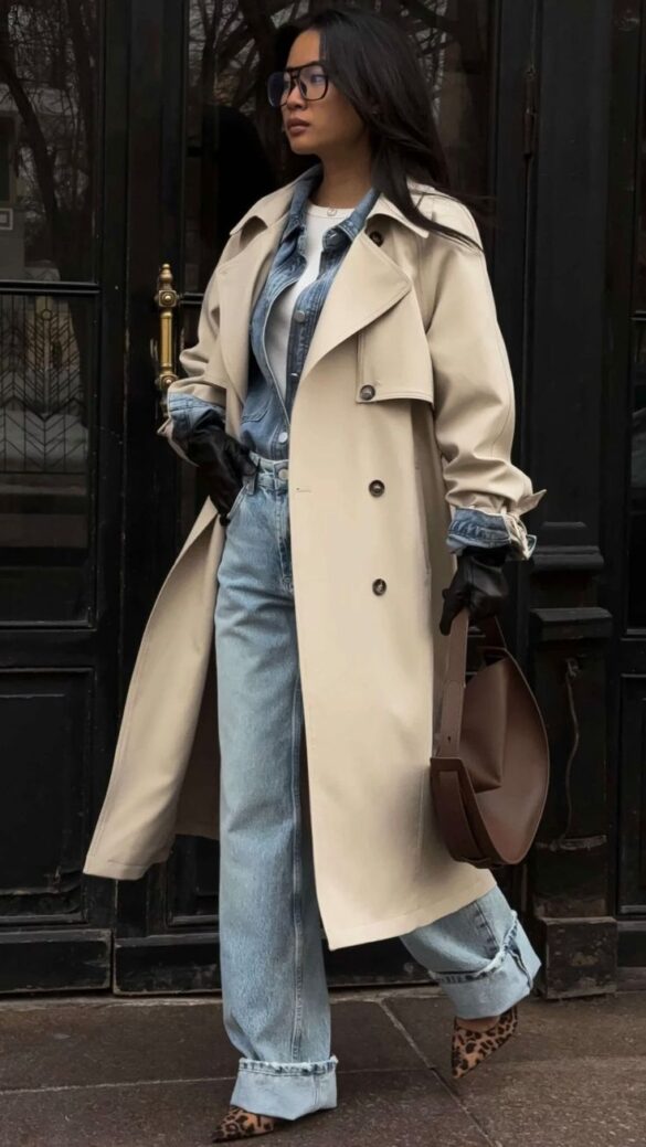 Beige Trench Coat with Denim and Leopard Heels — Trench Coat Outfits