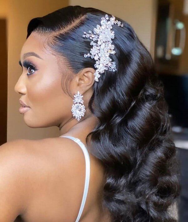 Voluminous Waves With Dramatic Side Part Voluminous Waves With Dramatic Side Part — Wedding Hairstyles for Black Women